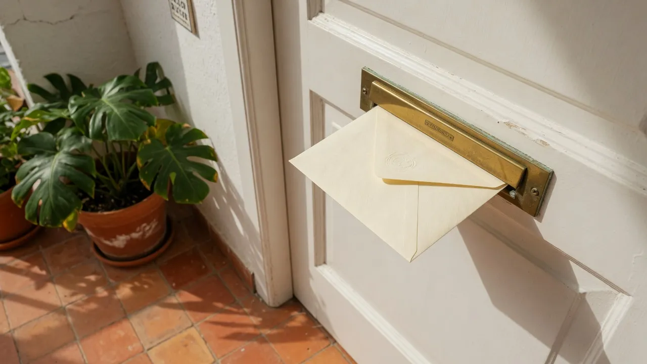 Sobre en el buzón de una puerta, junto a una planta.