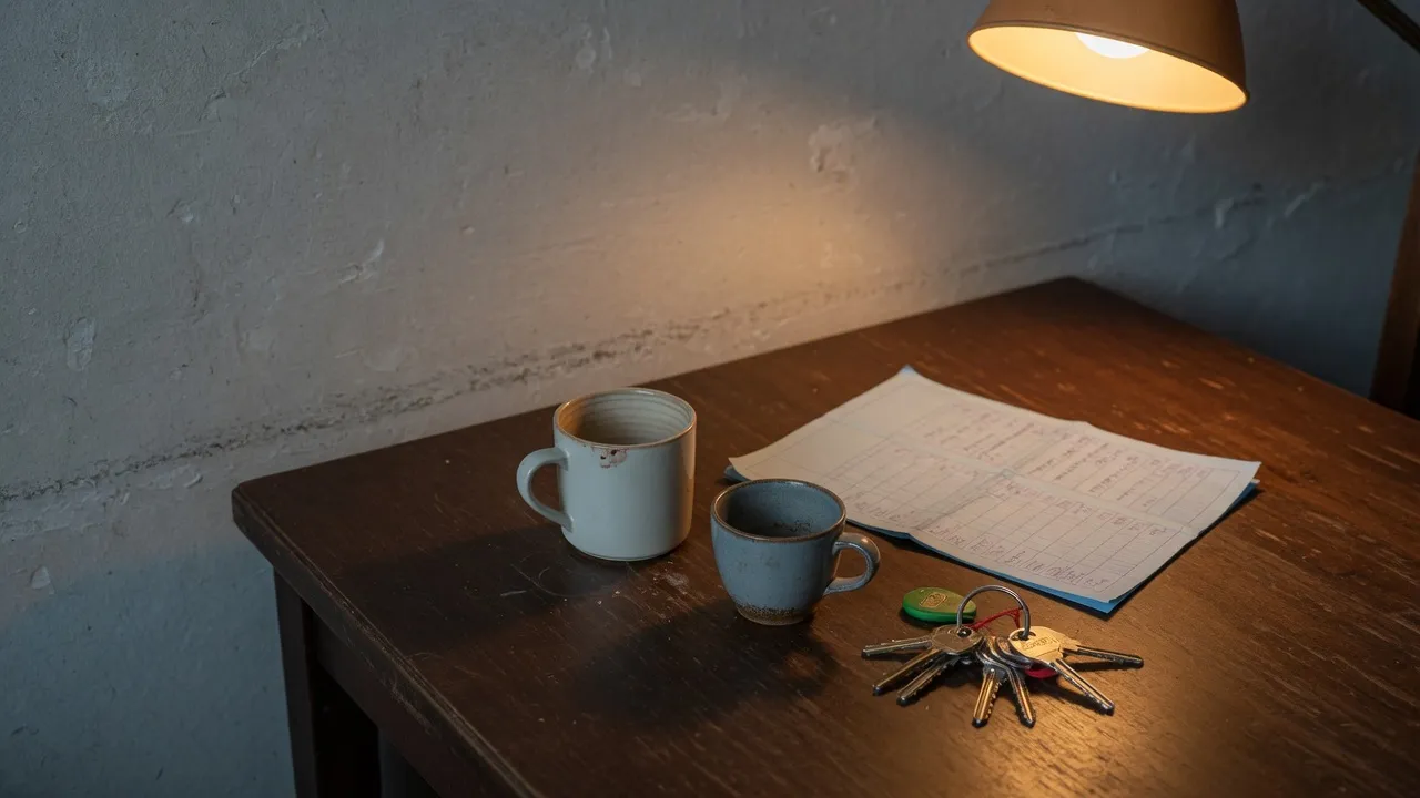 Two mugs, a school report and a set of keys on a kitchen table under a lamp, late in the evening.