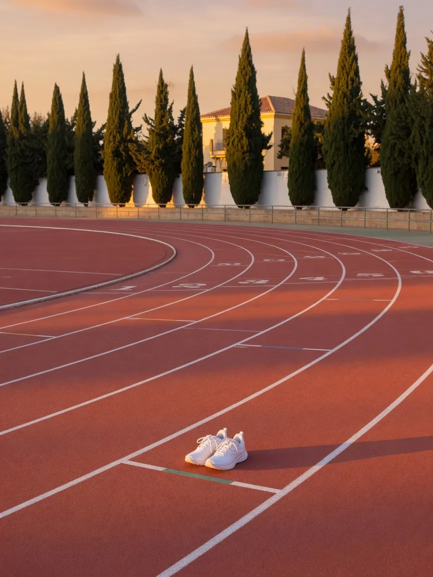 Pista de atletismo al atardecer, con unas zapatillas en la calle uno.