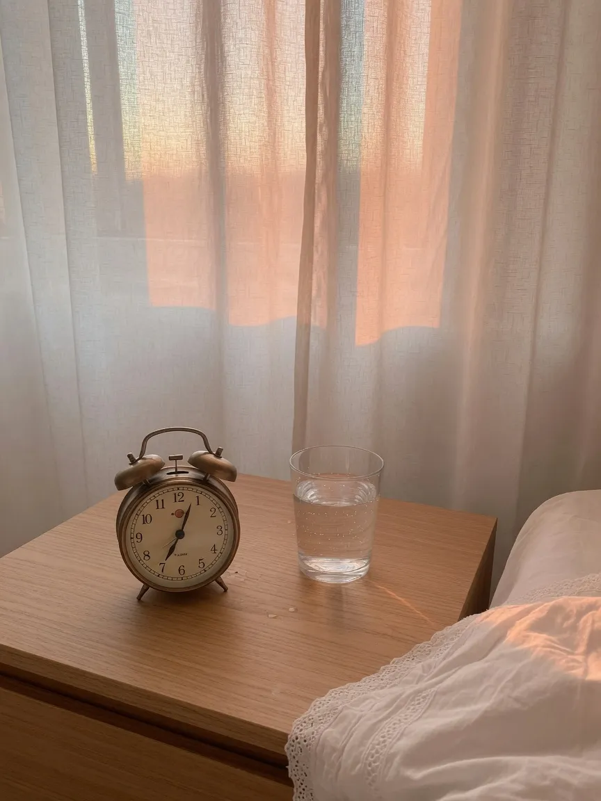 Despertador y un vaso de agua en la mesilla, de madrugada.
