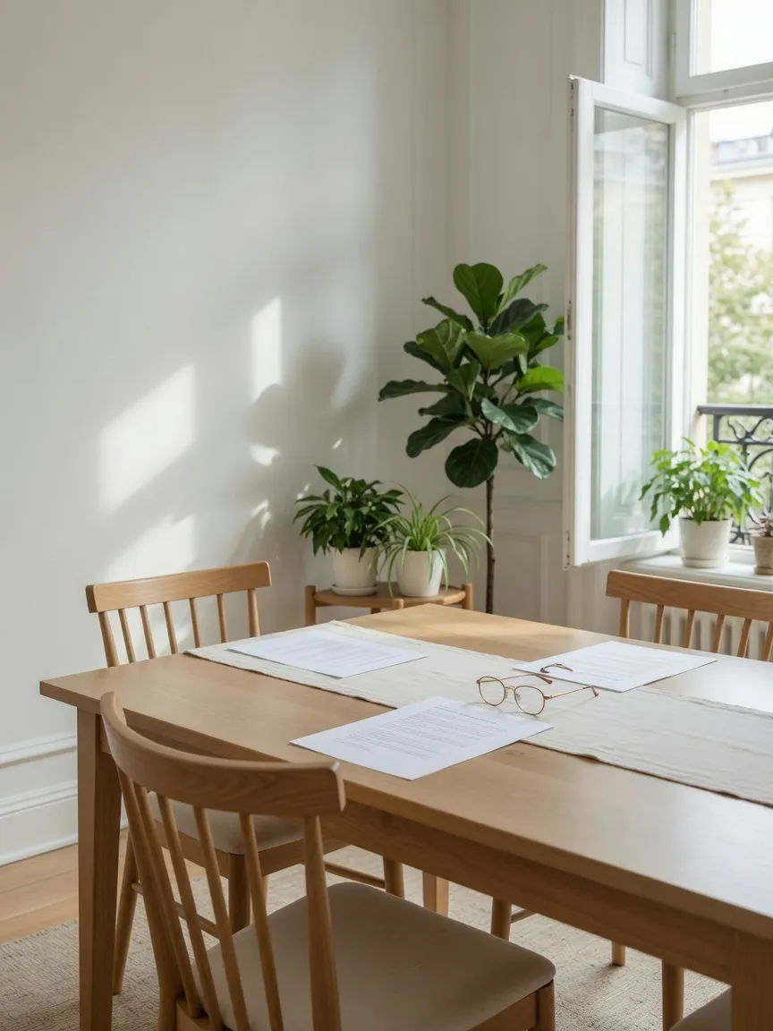 Mesa con sillas, papeles y unas gafas en una habitación luminosa, sin personas.