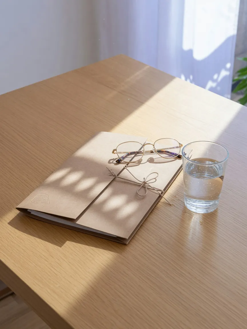 Una carpeta cerrada, unas gafas y un vaso de agua sobre la mesa, con luz de ventana.