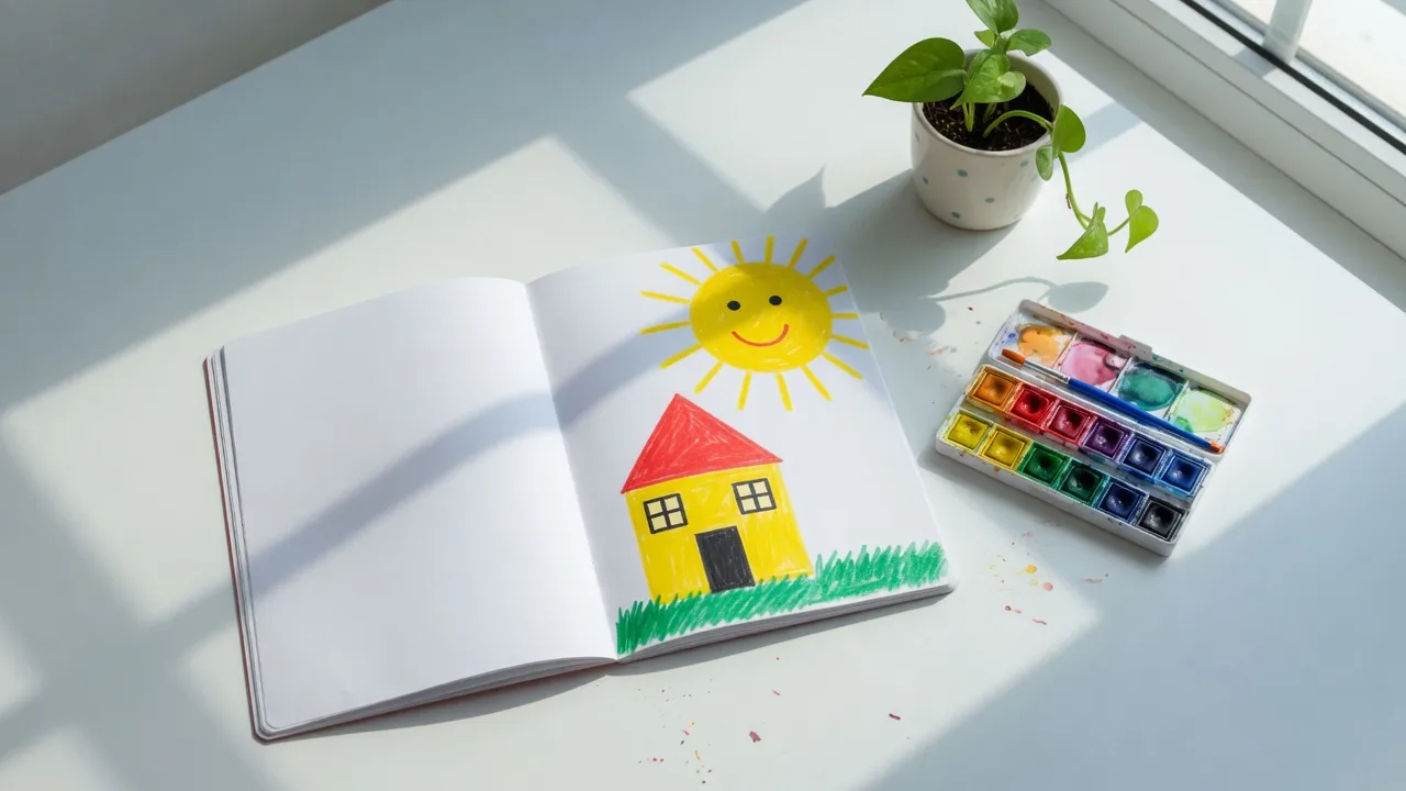 Cuaderno con un dibujo de una casa y un sol, acuarelas al lado.
