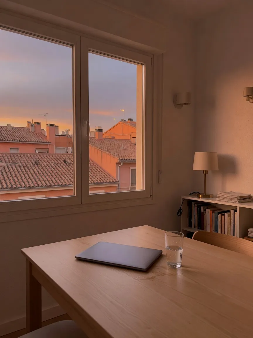 Portátil cerrado sobre la mesa de una habitación al atardecer, con los tejados por la ventana.
