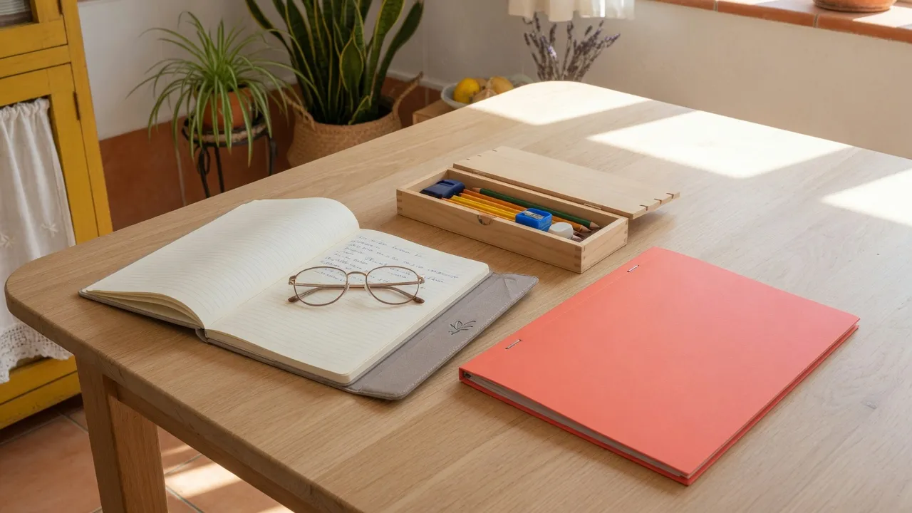 Cuaderno de adulto y carpeta escolar sobre la mesa de casa, sin personas.