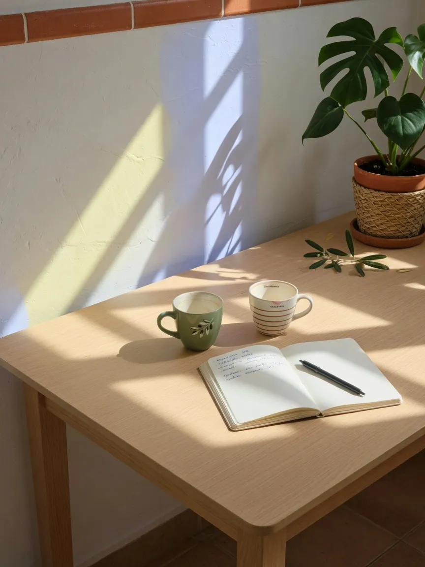 Dos tazas y un cuaderno en la mesa de la cocina, donde suelen empezar las conversaciones que se trabajan en terapia familiar.
