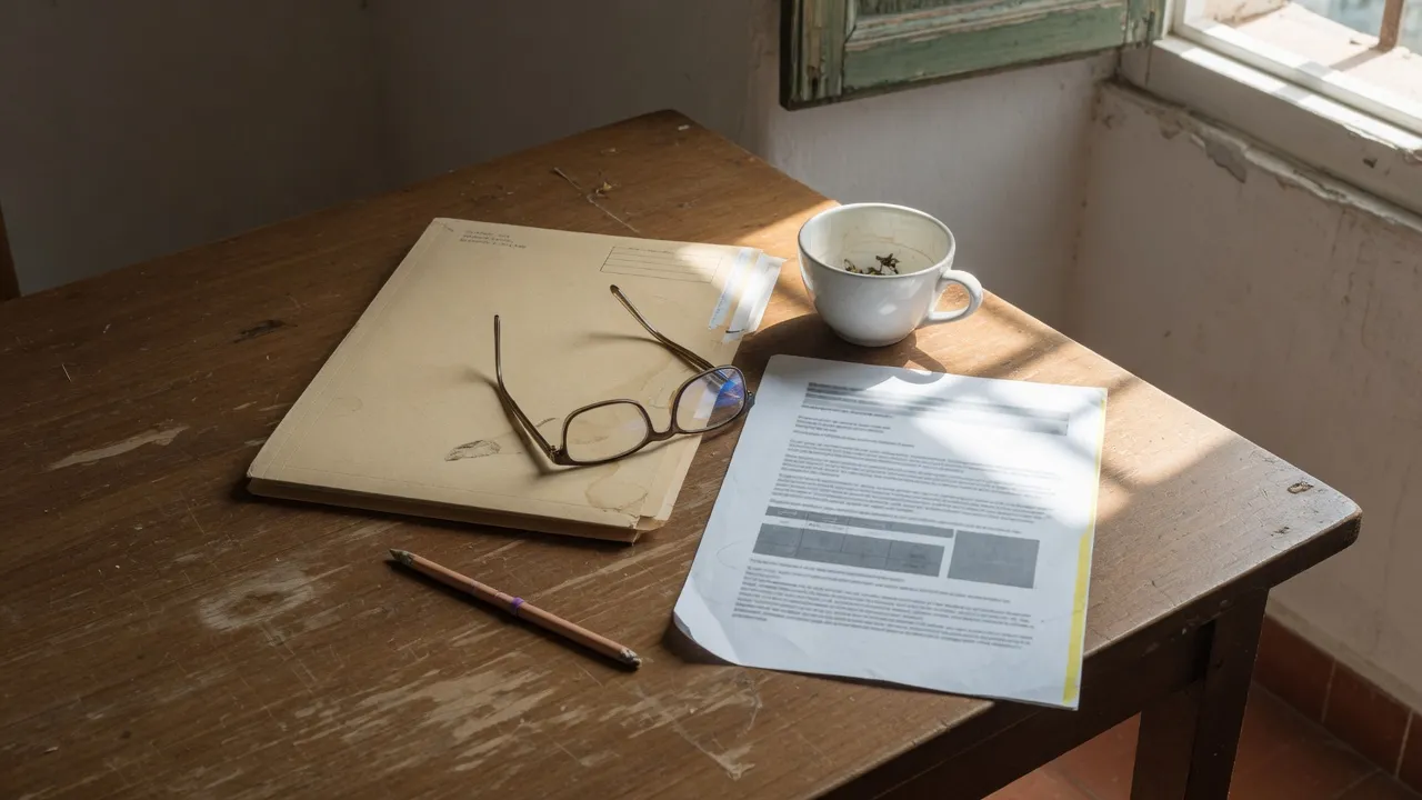 A report, a folder, a pencil and an empty cup on a wooden table in the morning light.