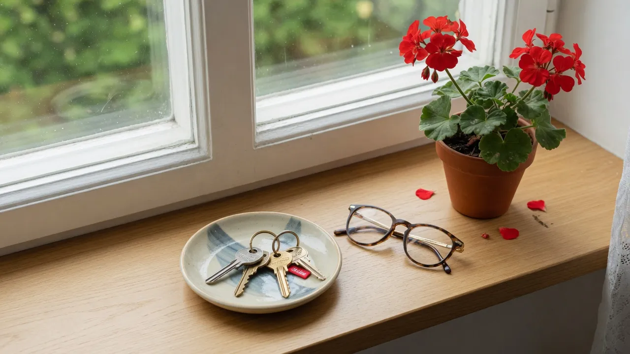 Llaves en un plato y unas gafas junto a la ventana, con un geranio al lado.