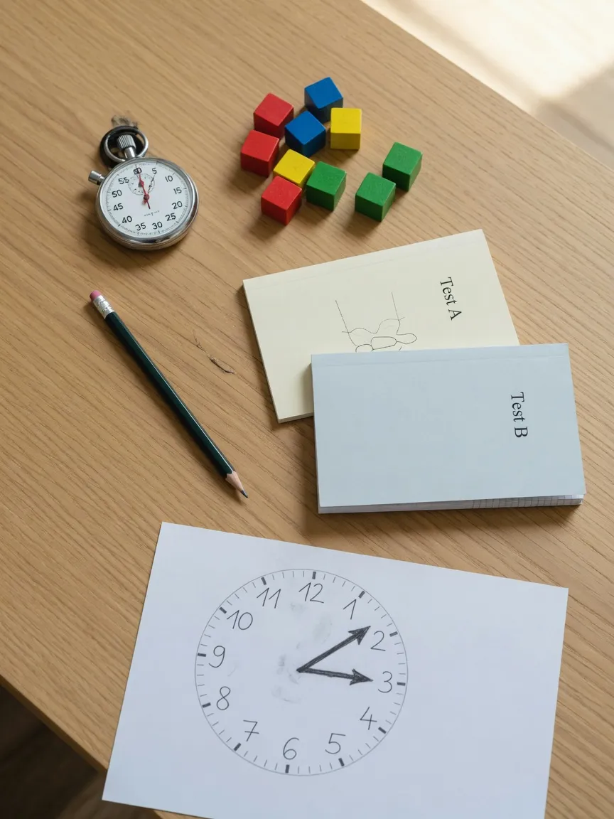Material de evaluación neuropsicológica sobre la mesa: cronómetro, cubos de colores, lápiz y un reloj dibujado a mano.