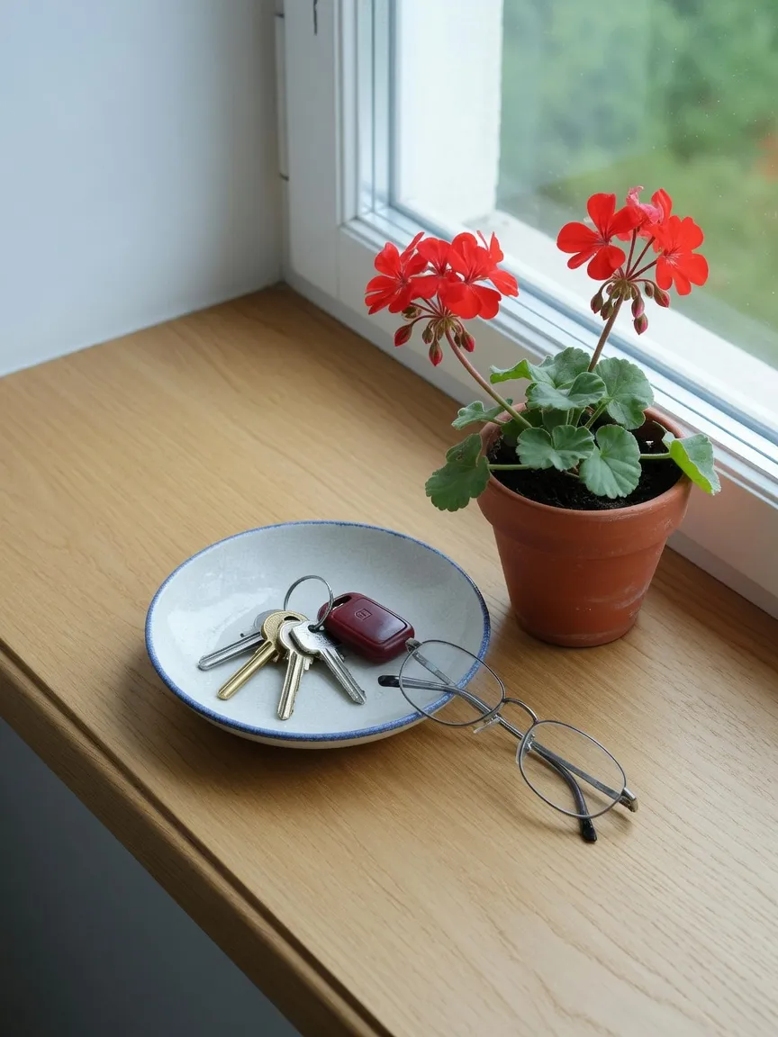 Keys and reading glasses in a dish on a windowsill next to a geranium.