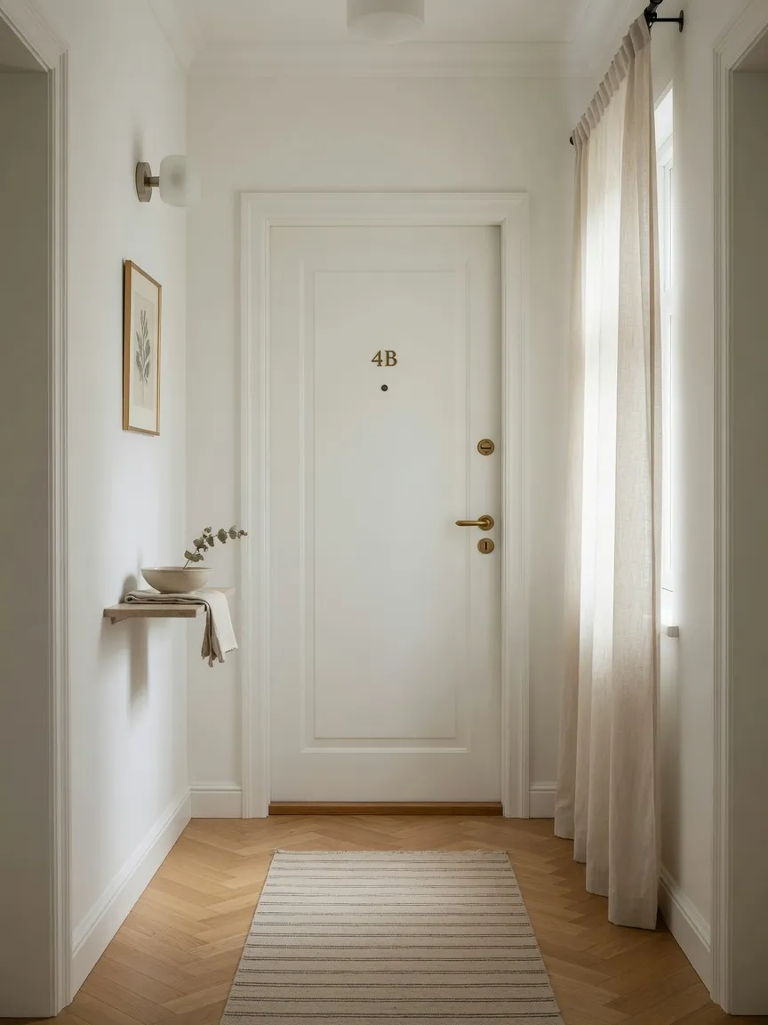 Pasillo luminoso de un piso hacia una puerta cerrada, la clase de paso que cuesta cuando hay un miedo o una fobia.