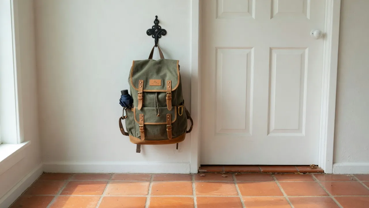 Mochila colgada de un perchero junto a la puerta de casa, sobre suelo de baldosa.