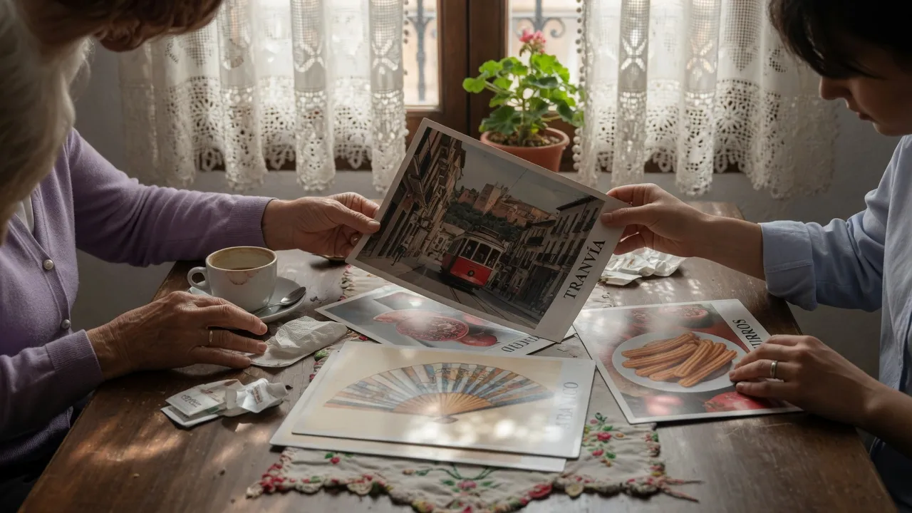 Naming cards spread on a table by a lace-curtained window: a tram, a fan, a plate of churros.