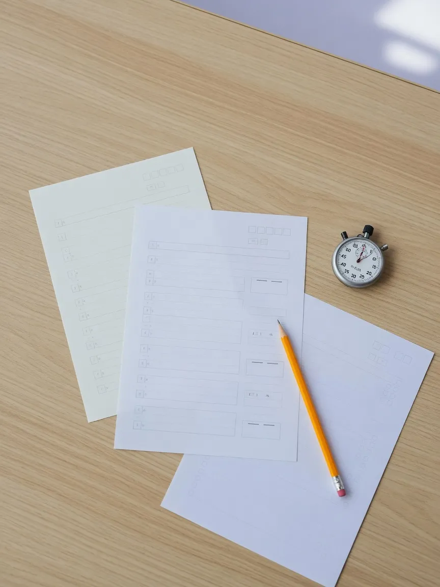 Test answer sheets, a pencil and a stopwatch laid out on a wooden table.