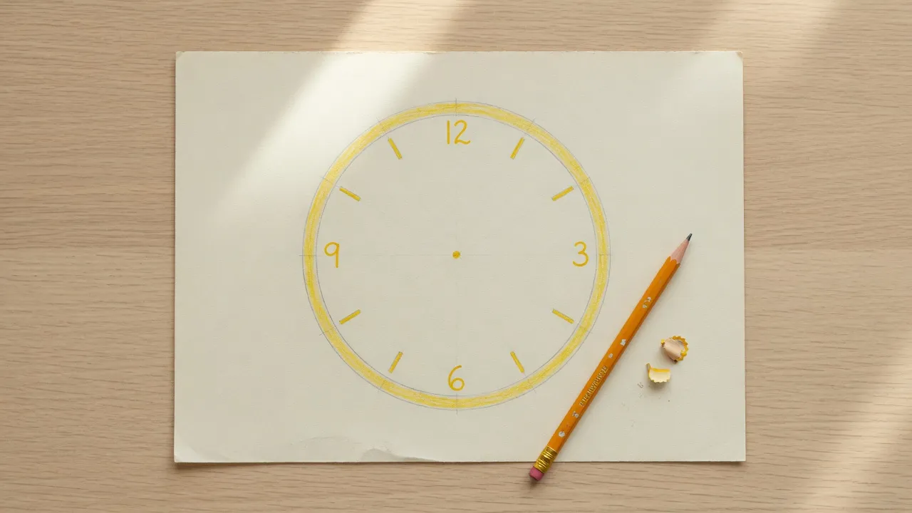 Círculo dibujado a lápiz en un papel, prueba de reloj, visto desde arriba.