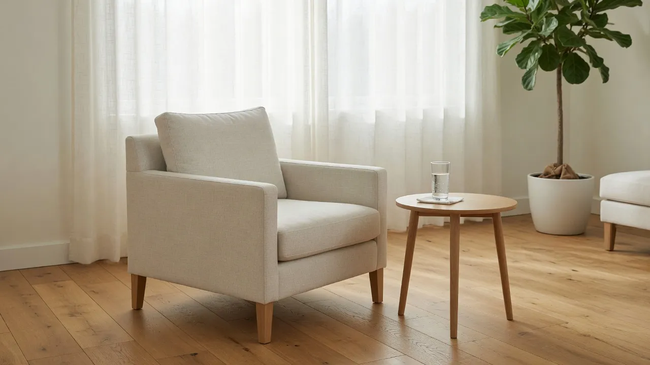 Sillón junto a una lámpara encendida en una sala tranquila, sin personas.