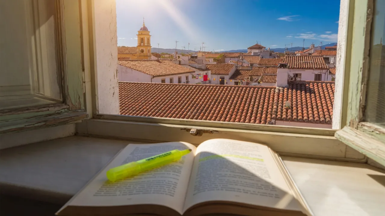 Libro abierto en el alféizar, con tejados de teja al fondo.